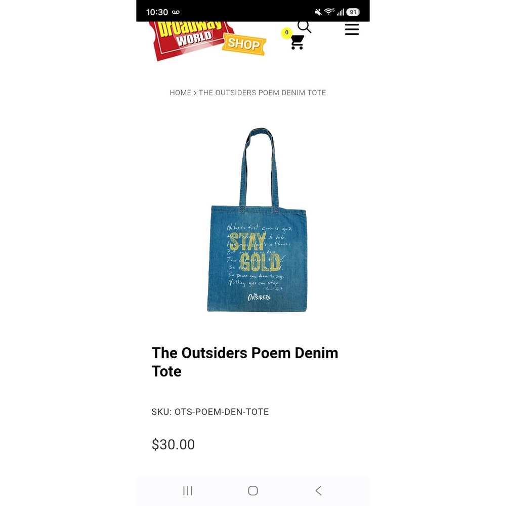 The Outsiders Poem Denim Tote Bag Stay Gold Ponyboy Robert Frost Lit Broadway - Picture 2 of 4